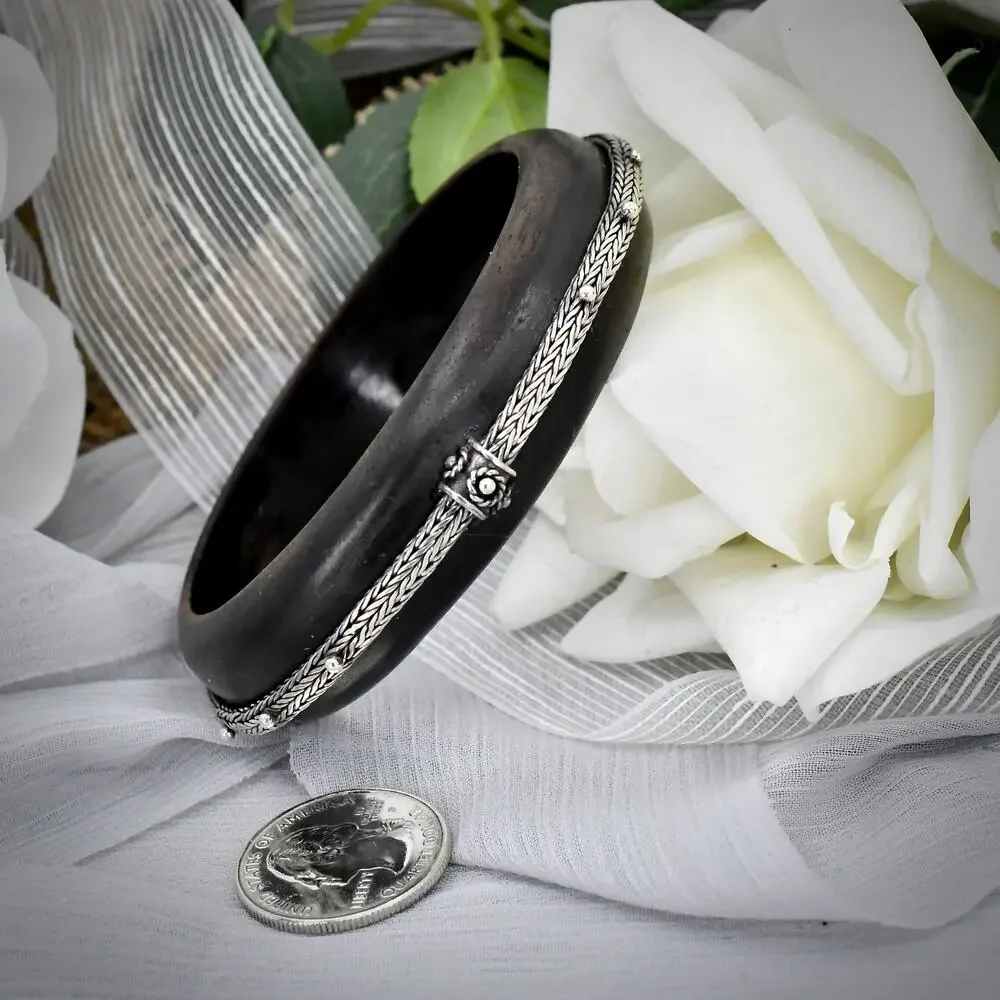 Vintage Sterling Silver Ebony Wood Bangle Bracelet Size 8 Slip On